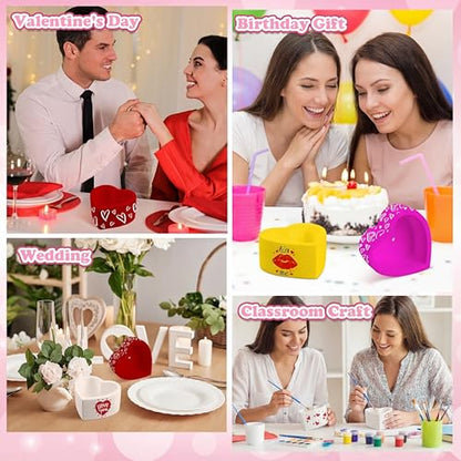 Beeveer 6 Pcs DIY Craft Kits Make Your Own Ceramic Succulent Planters Paintable Heart Shaped Decoration, and Ceramic Succulent Planters Kit for Mother's Day from Daughter Son