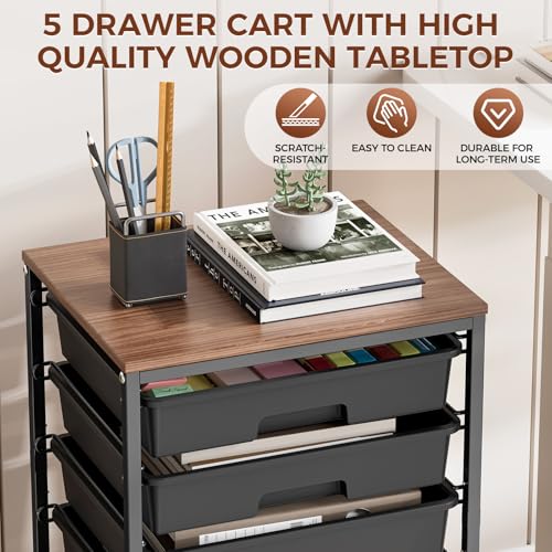 SYKIARIOL 5-Tier Rolling Cart with Drawers with Wooden Top, Black - color: Black