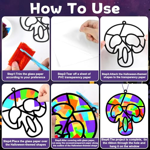 Lonfliness 32 Sets Sugar Skull Suncatchers Crafts Kit DIY Day of The Dead Window Stained Glass Effect Paper Halloween Dia de Los Muertos Easter Art Craft Creative Activity Project Gift Favor - style: Halloween Skull
