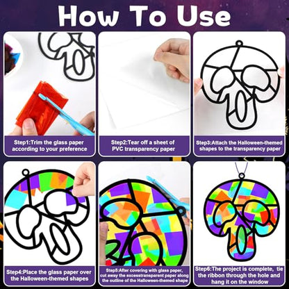 Lonfliness 32 Sets Sugar Skull Suncatchers Crafts Kit DIY Day of The Dead Window Stained Glass Effect Paper Halloween Dia de Los Muertos Easter Art Craft Creative Activity Project Gift Favor - style: Halloween Skull
