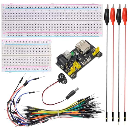 Breadboard Kit with Power Supply Module， Jumper Wires，Battery Clip，830 & 400 tie-Points Breadboard,Alligator Clip Test Leads - size: 2Breadboard +1Power Module+65Jumper wire