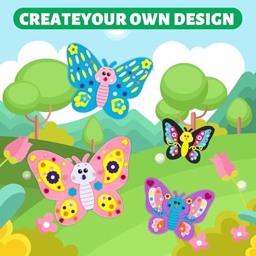 VKPI 4 Butterflies Foam Art Crafts Gift Kit, Creative Make Your Own Butterflies, Cartoon Paper Craft Projects for Kids Ages 4+ Toddler, Preschool Learning Toy for Birthday Party Favor Supplies - color: New Butterflies