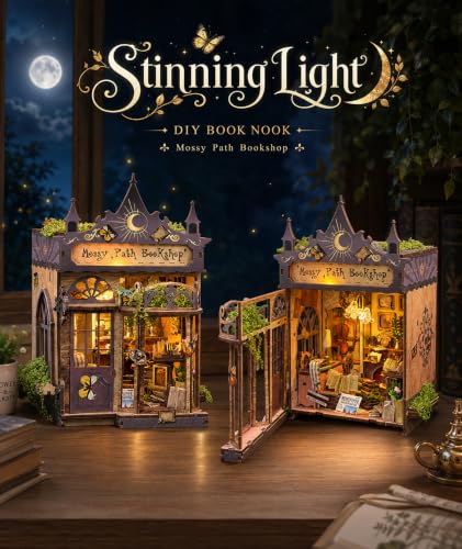 Book Nook Kit - Mossy Path Bookshop DIY Miniature Dollhouse with LED Lights, Mini Bookshelf Insert Decor for Adults & Teens, Creative Craft Gift for Family, Friends & Book Lovers - style: Mossy Path Bookshop