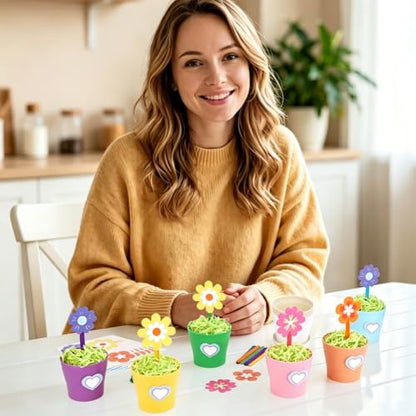 AHANDMAKER Flower Pot Painting Craft Kit Flower Plant Spring Crafts with Stickers Blank Labels Filling Grass DIY Plant Growing Kit for Classroom Home Art Activities