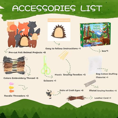 GOASION Sewing Kit for Kids, 8 Pcs Jungle Crafts Sewing Kit, Ages 5-8-12 - color: Forest Animals Sewing Set-8 Pack
