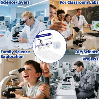 Zkupanx Microscope Slides and Coverslips Set - 50 Pre-Cleaned Glass Slides + 100 Cover Slips, Ground Edges, Laboratory Supplies for Scientific Experiments, Biology, Pathology