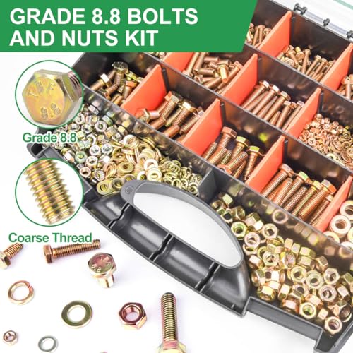 Foliv 1580pcs Metric Bolt Assortment, M4 M5 M6 M8 Nuts and Bolts Assortment Kit, Grade 8.8 Alloy Steel with Yellow Zinc Plated, Length from 12-30mm - size: 1580PCS M4 M5 M6 M8