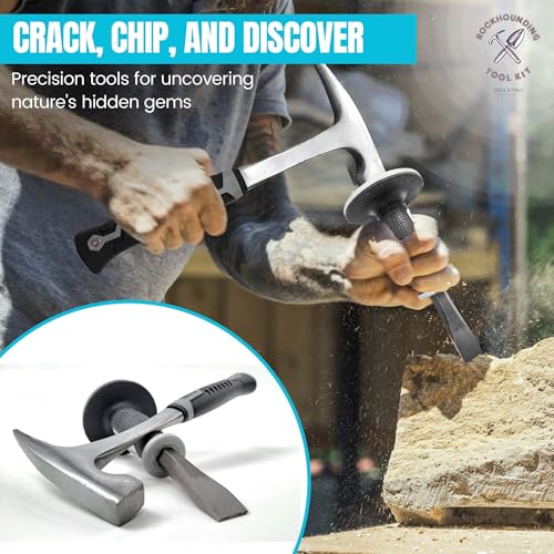 Rockhounding Tool Kit for Teens & Adults - Rock Collecting Equipment Essentials - Rock Pick Hammer & Chisel - 6 Piece Outdoor Geology Set - Mining Tools w/Small Rock Hounding Backpack, Gray