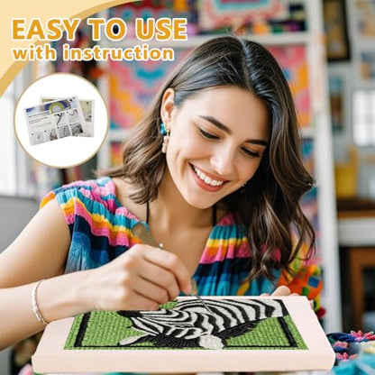 DOODLREAM Cute Zebra DIY Punch Needle Embroidery Kit for Adult Beginner, 9.4" Avocado Zebra Animal Punch Stitching Craft Set for Starter with Frame,Fabric Pattern,Threader, Yarn, Pinch Needle - color: Zebra