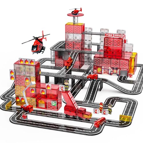 141PCS Magnetic Tiles for kids, Fire Rescue Theme Magnet Tiles with Fire Station & Fire Rescue Vehicles, STEM Magnetic Tiles for Kids Ages 4-8, Preschool Educational Building Toys for Boys & Girls - style: 141PCS Fire Station Magnetic Tiles