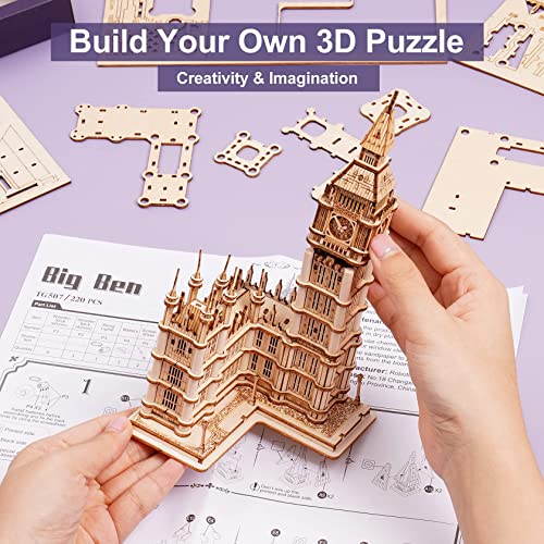 ROBOTIME 3D Puzzle for Adults Wooden Craft Kits for Teens DIY Construction Model Kit with LED Light to Build Educational Big Ben Set Toys Birthday Gifts - color: Big Ben