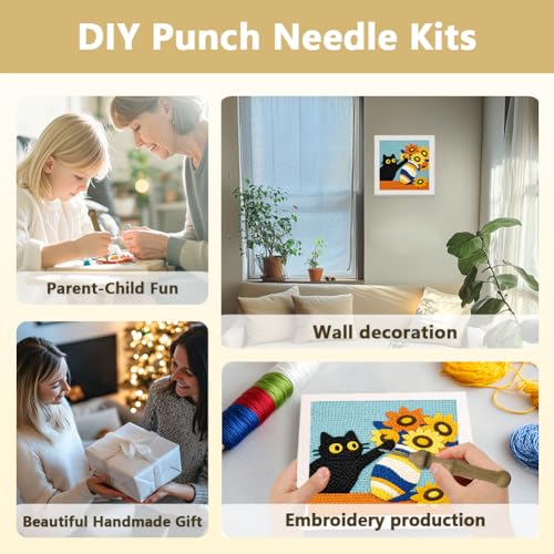 Doodlream Black Cat Sunflower Needle Kit for Beginner, 9.4"x 9.4" Cute Animal Flower Punch Stitching Craft Set, DIY Embroidery Starter with Printed Frame, Instruction, Threader, Yarn, Pinch Needle - color: Cat Sunflower