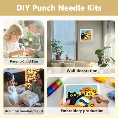 Doodlream Black Cat Sunflower Needle Kit for Beginner, 9.4"x 9.4" Cute Animal Flower Punch Stitching Craft Set, DIY Embroidery Starter with Printed Frame, Instruction, Threader, Yarn, Pinch Needle - color: Cat Sunflower