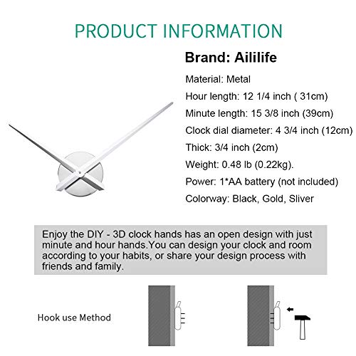 AILILIFE 3D Clock Hands, DIY Large Clock Movement Mechanism with 12 Inch Long Spade Hand, 3D Wall Clocks Home Decor - color: Alat001-silver