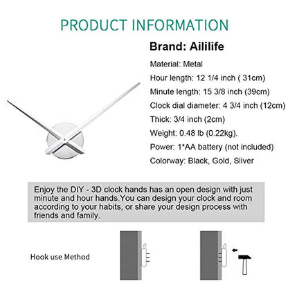 AILILIFE 3D Clock Hands, DIY Large Clock Movement Mechanism with 12 Inch Long Spade Hand, 3D Wall Clocks Home Decor - color: Alat001-silver