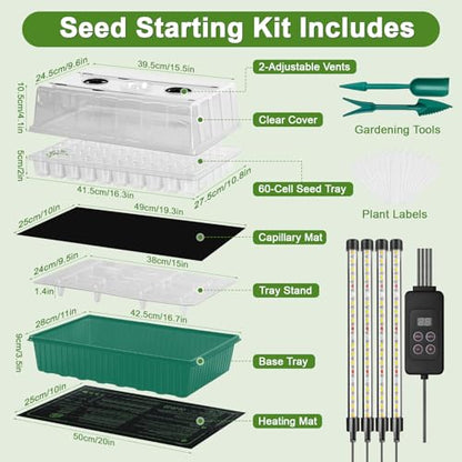 120-Cell Self-Watering Seed Starter Tray with Grow Light, Indoor Seed Starting Kit Trays with Heat Mat, Adjustable Brightness Plant Germination Trays Growing Kit with 4.13" Humidity Dome for Seed Grow
