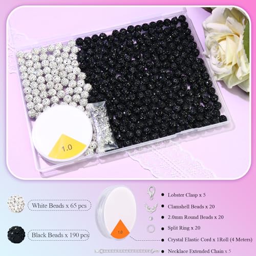 Dowarm 255PCS 10mm Rhinestone Beads for Baseball Rhinestone Necklace Bracelet Jewelry Making, Round Polymer Clay Beads for Crafts Beaded Pen, Shamballa Clay Pave Disco Diamond Bead, Black|White - color: 07-Black | White