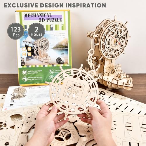3D Wooden Puzzle Mechanical Clock – Pirate Ship DIY Model Kit for Adults & Teens, Build-Your-Own Wood Craft, Working Clock, Unique Gift & Nautical Home Decor
