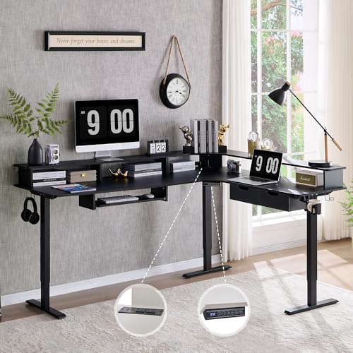 RedLemon 75x60 Inches L Shaped Electric Standing Desk, Carbon Fiber Black - color: Carbon Fiber Black, size: 75"X60"