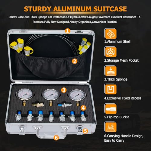 Hydraulic Pressure Test Kit with 3 Gauges 25/40/60MPa, 8 Test Couplings, Quick Connector 3 Test Hoses, Hydraulic Gauge Kit with Carrying Case for Excavator Loaders Construction Machinery - size: 3 Gauges 8 Test Couplings