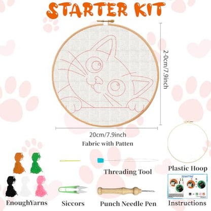 BEUNITONE 2Pcs Cute Cat Punch Needle Kit for Beginners, with Hoop-20x20cm - color: 03-Peeking Cat