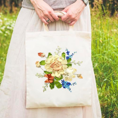 Canvas Tote Bag Silk Ribbon Embroidery Kit for Beginners Arts DIY Crafts Starter Kit Include Stamped Bag Threads Hoop - color: Color #3, Beige Bag