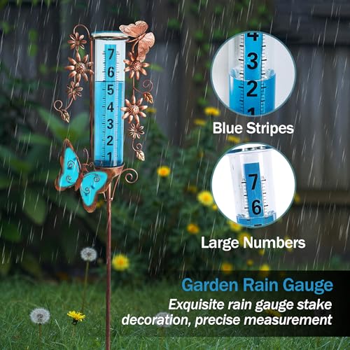 Rain Gauge Outdoor, Accurate & Easy to Read - color: Blue Butterfly