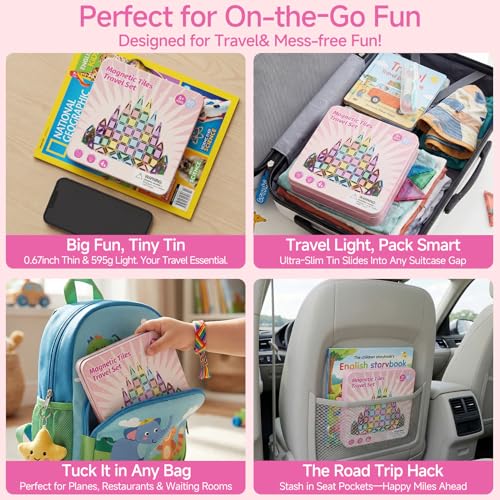Mini Magnetic Tiles for Girls Travel in Tin Box to Stop Crying - style: Pink 60PCS