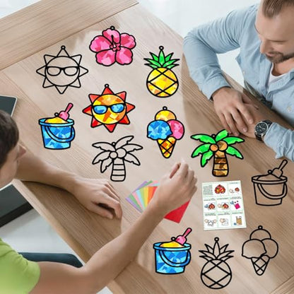 Qyeahkj 36 Sets Summer Suncatchers Crafts for DIY Summer Beach Fruit Tissue Paper Craft Kit Hawaiian Tropical Stained Glass Effect Window Ornaments Decoration for Home Art Project Party Favor Gift - style: Summer Beach Fruit