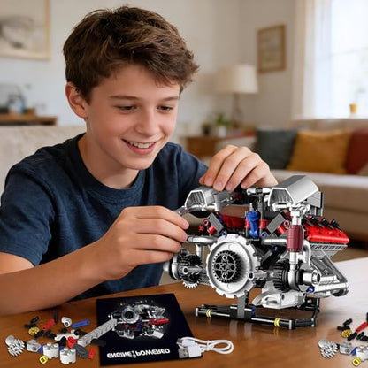 V8 Engine Model Kit that Run, 8-Cylinder Car Engine Building Blocks Set, Build Your Own STEM Engineering Kit that Work with LED Light and APP Control, Collections Set for Age 8+/Kids/Adults (700 PCS) - color: Silver
