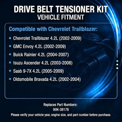 Serpentine Belt Tensioner & Idler Pulley Kit with EPDM Belt Compatible with Chevrolet Trailblazer 2002-2009, GMC Envoy, Buick Rainier, Isuzu Ascender, Saab 9-7X, Bravada DOHC 4.2L, Replace 90K-38178 - size: 90K38178
