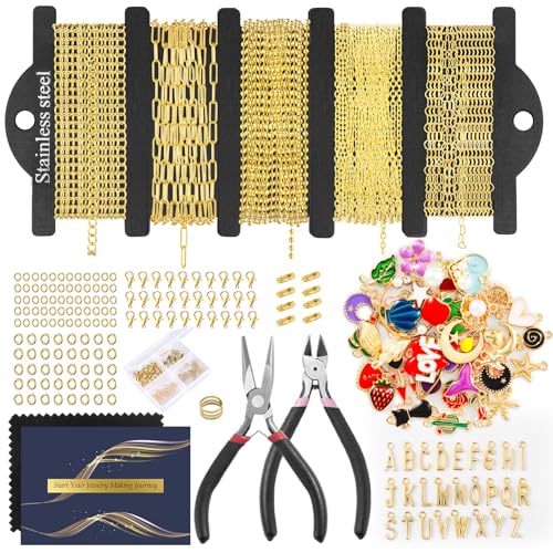 Wurosi 1927PCS Jewelry Making Supplies Kit for Adults,Natural Stone Beads - color: Gold-16.4Ft+Pendants