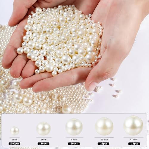 Hudinsun 1200 Pcs Pearl Beads for Jewelry Making, 5 Size Round Pearls for Bracelets Making Kit Small Pearl Filler Beads with Hole for DIY Craft Necklace Earrings - size: 4mm, 6mm, 8mm, 10mm, 12mm
