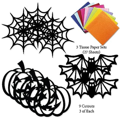 VHALE Suncatchers Craft 3 Sets (9 Cutouts) w Tissue Papers Stained Glass Effect Paper Sun Catcher Kit, Window Art, Classroom Crafts, Creative Art Projects, Kids Party Favors (Halloween) - style: Halloween