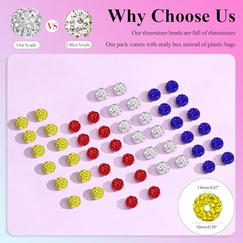 Dowarm 255PCS 10mm Rhinestone Beads for Baseball Necklace Bracelet Jewelry Making, Round Rhinestone Clay Beads for Craft Beaded Pen, Shamballa Pave Diamond, Yellow|Red|Blue|White - color: 12-Yellow | Red | Blue | White