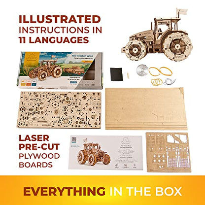 UGEARS The Tractor Wins Model Kits - Spring - Driven Model Tractor Kits to Build with Folding Paper Tank - 3D Wooden Tractor Model Kit for Self - Assembly - Mechanical 3D Puzzles for Adults and Kids