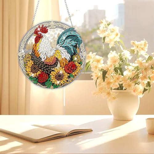 AIRDEA Hanging Diamond Painting Kits Rooster,Special Shaped Diamond Art Kits Farm Gem Art Pendant Decor,19.8x19.7cm - color: yellow red brown