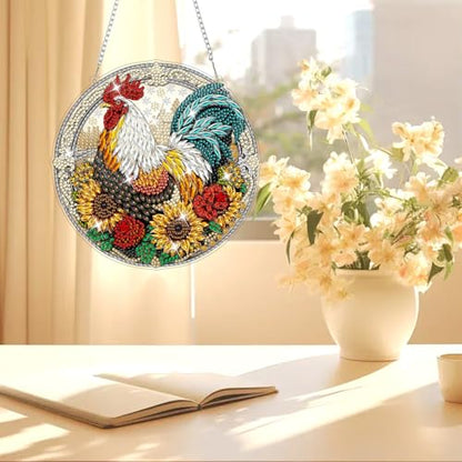 AIRDEA Hanging Diamond Painting Kits Rooster,Special Shaped Diamond Art Kits Farm Gem Art Pendant Decor,19.8x19.7cm - color: yellow red brown