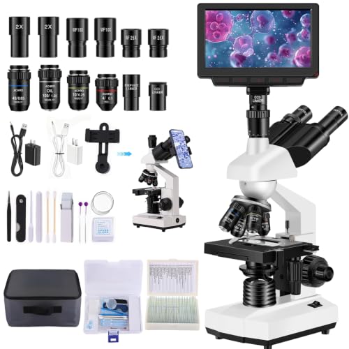 Microscope for Adult,with7'' HD Display,WF10&25X Eyepieces,40-5000X Magnification,Dual Mechanical Stages and Abbe Condenser,Includes 40 PCS Specimens,Suitable for Labs & Schools