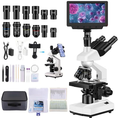 Microscope for Adult,with7'' HD Display,WF10&25X Eyepieces,40-5000X Magnification,Dual Mechanical Stages and Abbe Condenser,Includes 40 PCS Specimens,Suitable for Labs & Schools