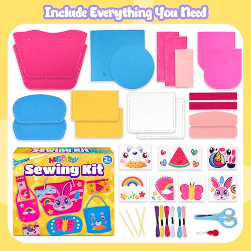 MGparty My First Kids Sewing Kit, DIY Arts & Crafts Set with 7 Felt Bag Projects, Beginner Sewing Activities for Kids Ages 5+, Creative Learning Craft Kit, Birthday Gifts for Boys & Girls