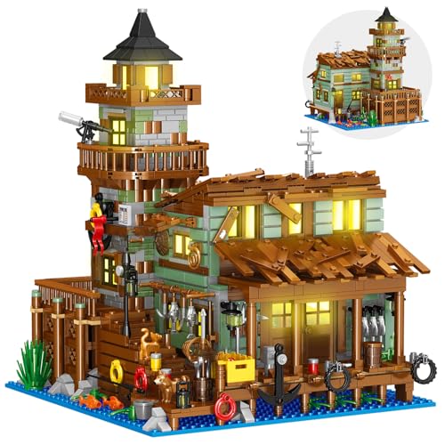 Fishing Village Store House Building Set with LED Light, 1881 PCS Wood Cabin Mini Building Block, STEM Architecture Toys Kit, Birthday Gift for Adults Ages 8-12+ Years（Not Compatible with Set ） - color: Light Fishing Village Store House