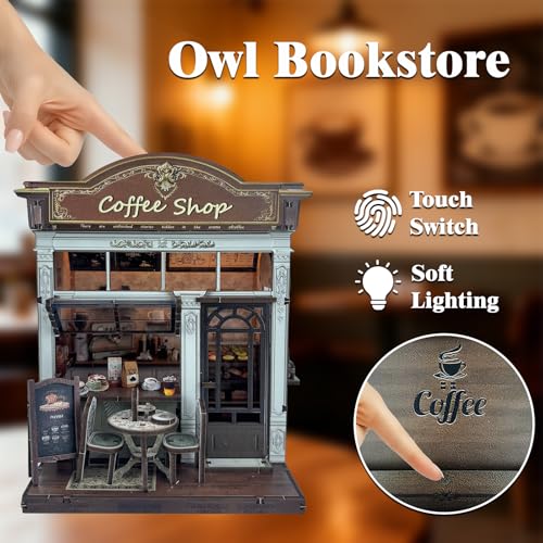 3D Wooden Coffee Shop Book Nook Kit - DIY Miniature Model with LED Lights, 143 Precision-Cut Pieces for Adults & Teens (1:24 Scale, Stress Relief Craft Gift) - color: Coffe Shop