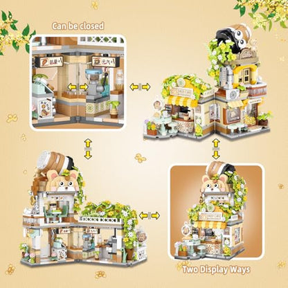 Street View Coffee Shop Mini Building Blocks, MOC Creative Building Toys Cute Animals Building Set for Girls 6-12, Simulation Architecture Construction Toy, Gift Idea for Kids Adults (1077 PCS) - style: Coffee Shop