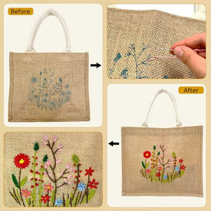 SNAIL GARDEN Linen Tote Bag DIY Embroidery Kit for Beginners with Scarf, Printed Cross Stitch Craft Kit with Thread, Needle & Guide – Reusable Grocery Bag for Women