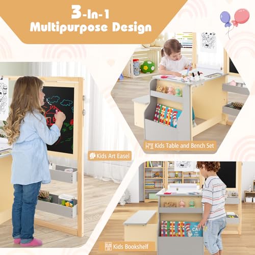 HONEY JOY Kids Art Easel, 6-in-1 Wooden Double-Sided Toddler Table & Chair Set w/Adjustable Magnetic White Board & Chalkboard, Paper Roll, Bookshelf, Storage, Kids Art Table and Chair (Gray) - style: Gray