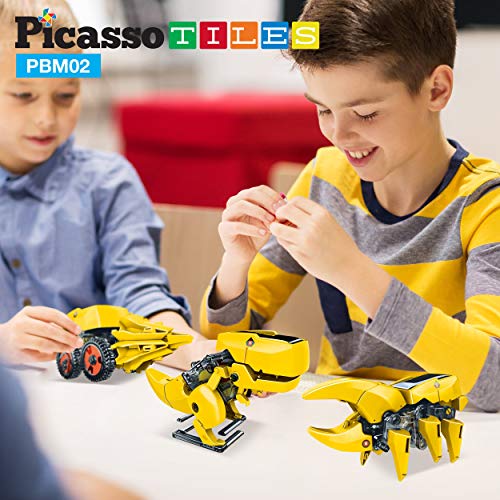 PicassoTiles Dinosaur Robot Solar Powered STEM Unique Transformation Renewable Sun Energy Educational Learning Engineering Building Toy 3-in-1 Science Experiment Kit Model Boys Girls Ages 8+ - color: 3-in-1 Transformation