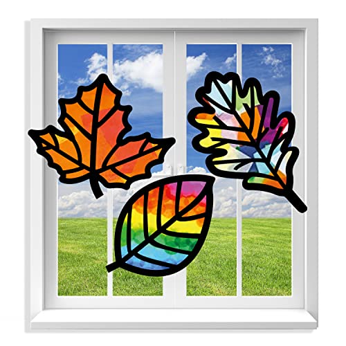 VHALE Suncatchers Craft 3 Sets (9 Cutouts) w Tissue Papers Stained Glass Effect Paper Sun Catcher Kit, Window Art, Classroom Crafts, Creative Art Projects, Kids Party Favors (Fall Leaf) - style: Fall Leaf