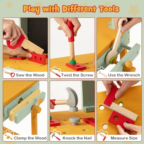 Costzon Tool Bench for Kids, Wooden Pretend Workbench with Toy Tools and Accessories, Realistic Role Play Construction Building Tool Set, Indoor Outdoor Power Tool Workshop for Boys Girls 3+ - color: Yellow