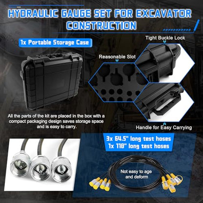 Hydraulic Pressure Gauge Test Kit with 5 Gauges 1/10/25/40/60MPa, 24 Straight Connectors, 4 Test Hoses for Construction Machinery Excavator Hydraulic Tester Set - size: Black 5 Gauges 24 Connectors